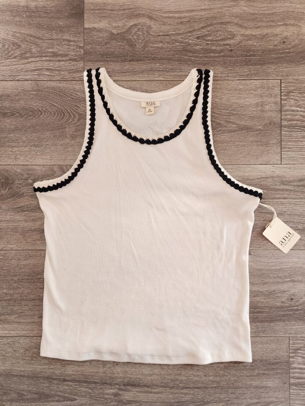 White Scoop Neck Tank Top with Black Embroidered Trim Women's XXL